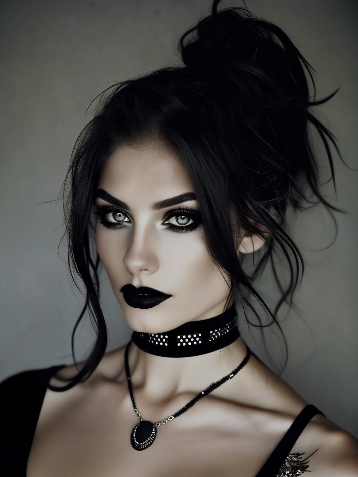 a person with a unique alternative aesthetic.   They have long, straight black hair.  The individual's eyes are a soft green and they wear spectacular black lipstick.   They have a septum piercing and several earrings in one ear.   Her makeup is highlighted by winged eyeliner, adding an edgy touch.   They wear a black t-shirt with a graphic design visible on the neckline and their look is complemented by a black choker and layered necklaces.   The background has a mottled or mottled texture in grayish tones, which complements the dark tones of her clothing and makeup.