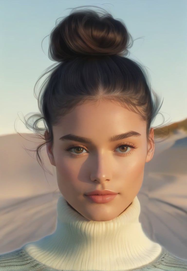 1girl, solo, looking at viewer, green eyes, black hair, black hair, closed mouth, hair bun, sweater, lips, turtleneck, portrait,, realistic, black sweater,ENHANCE,photorealistic,4k