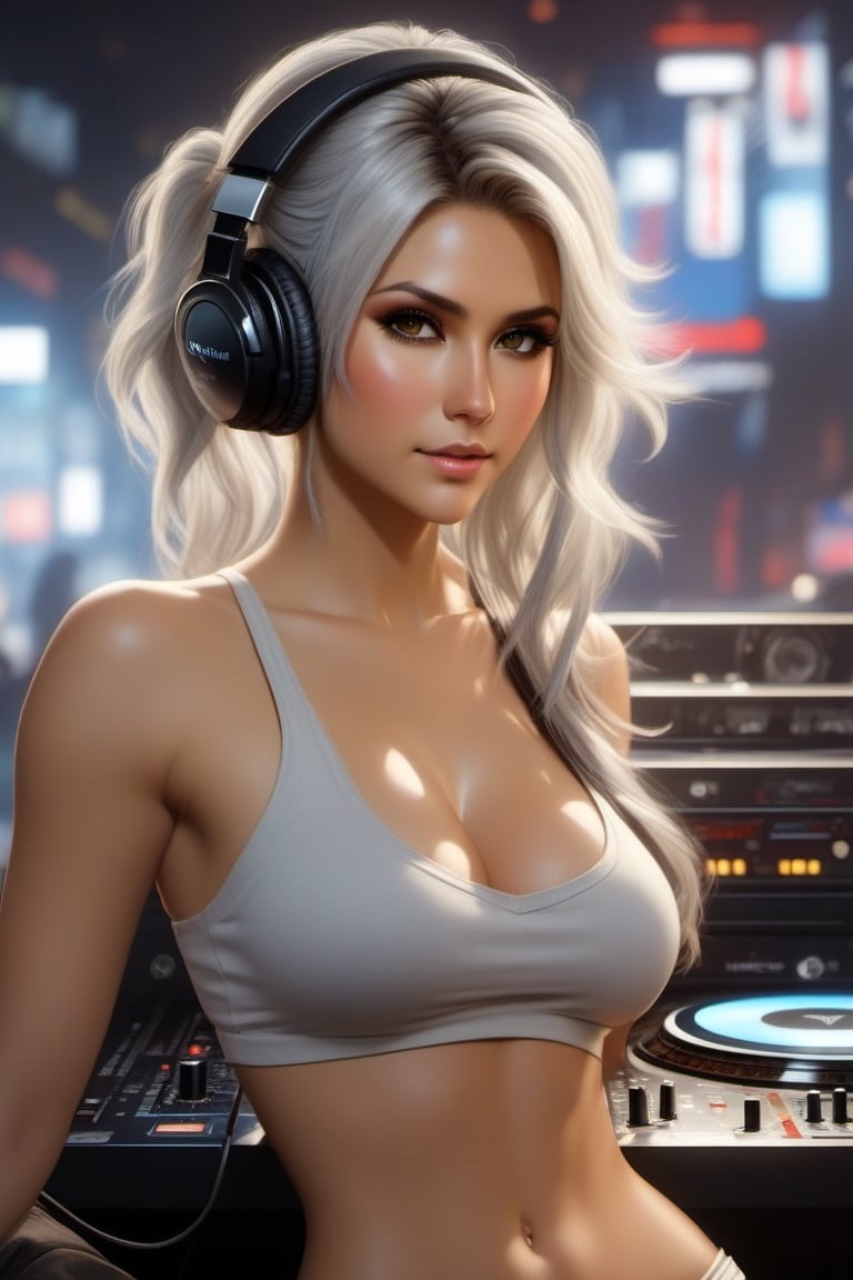 {{{Nina Dobrev}}} as anime women DJ and sex worker, naked, ((detailed fit muscular body)), background oil painting in post apocalyptic sci-fi dieselpunk style a woman with silver hair is playing music on dj's desk and dancing by Anders Zorn and Joseph Christian Leyendecker, silver hair, highly detailed face, highly detailed eyes, highly detailed body, full body, whole body visible, full character visible, hyperrealism with hyperrealistic intricate details, anime vibes, cinematic volumetric dramatic dramatic studio 3d glamour lighting, backlit backlight, 128k UHD HDR HD, front view professional photography long shot, unreal engine octane render trending on artstation, triadic colors, sharp focus, occlusion, centered, symmetry, ultimate, shadows, highlights, contrast, art by Yoji Shinkawa and WLOP and Ilya Kuvshinov  and Greg Rutkowski and Vladimir Volegov,