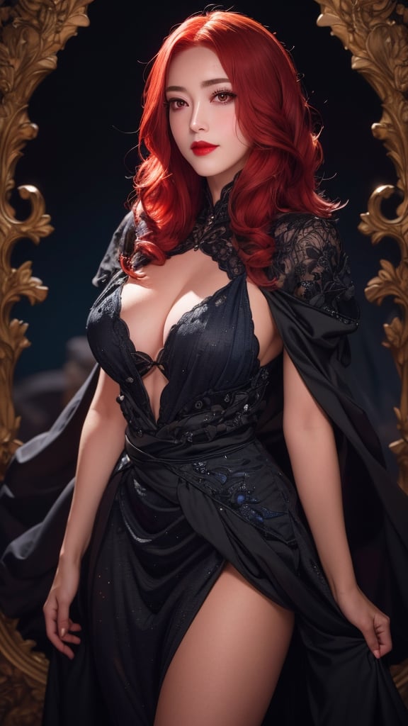 (Masterpiece - Ultra-Detailed, High Resolution) ((vivid red hair)), mature woman, 30 years old, diamond face, red starry sky background, depth of field, magic, big red lips, ((dark and black eyes)) black and red long and full dress, covered chest, mystical atmosphere, ominous shadows, Intense blue aura, Intense red aura (best quality:1.2), absurdres, intricate details, (highly detailed skin:1.2), smile expression, posing, taut and well defined body, attractive. Highly realistic, white skin, beautiful, hyperrealism, skin very elaborated, direct gaze