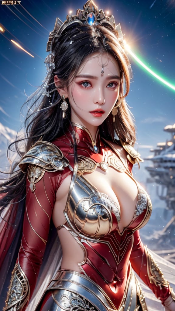 (goddess,venus,iron woman),busty,(Intricate luminous armor design:1.2),white plasma electromagnetic shield,crystal and silver entanglement,Star flash,(Persian Paisley clothes),glowing forehead