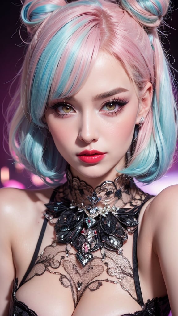 (masterpiece:1.4, best quality),(Pastel hair :1.4),
Eyeshadow Blending,Fit Coloring,bold Eyebrow Coloring,Wing Eyeliner,False Lashes,
soft red lips,Hyaluronic Acid Lip Filler,very young cute girl,Lip Gloss,Space Buns

