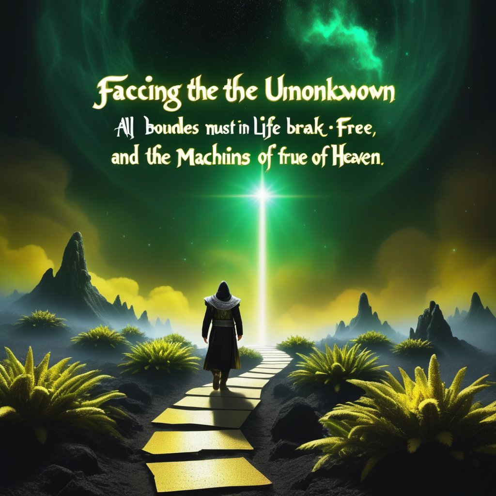 Text that reads
 “Facing the boundless unknown, all souls must resolve their questions in life and break free from the machinations of heaven. Obtain the path of life and walk the path of the true dao!”
in yellow, black,metallic,white, green, neon, sparkles,smoke,planet
,Cultivation,photo r3al,scenery