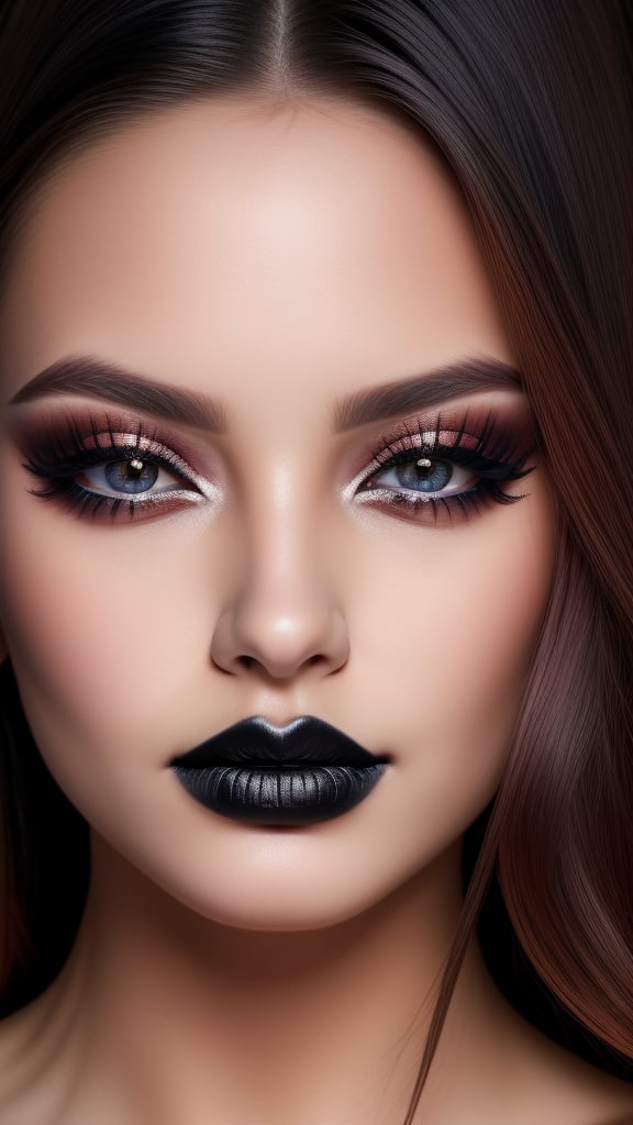 beautiful woman, makeup, detailed eyes, close-up of black lipstick, portrait, photorealistic, 8k, high-resolution, ultra-detailed, professional lighting, perfect skin, stunning features, intense gaze, intricate eyelashes, flawless complexion, vibrant colors, dramatic shadows, glossy finish