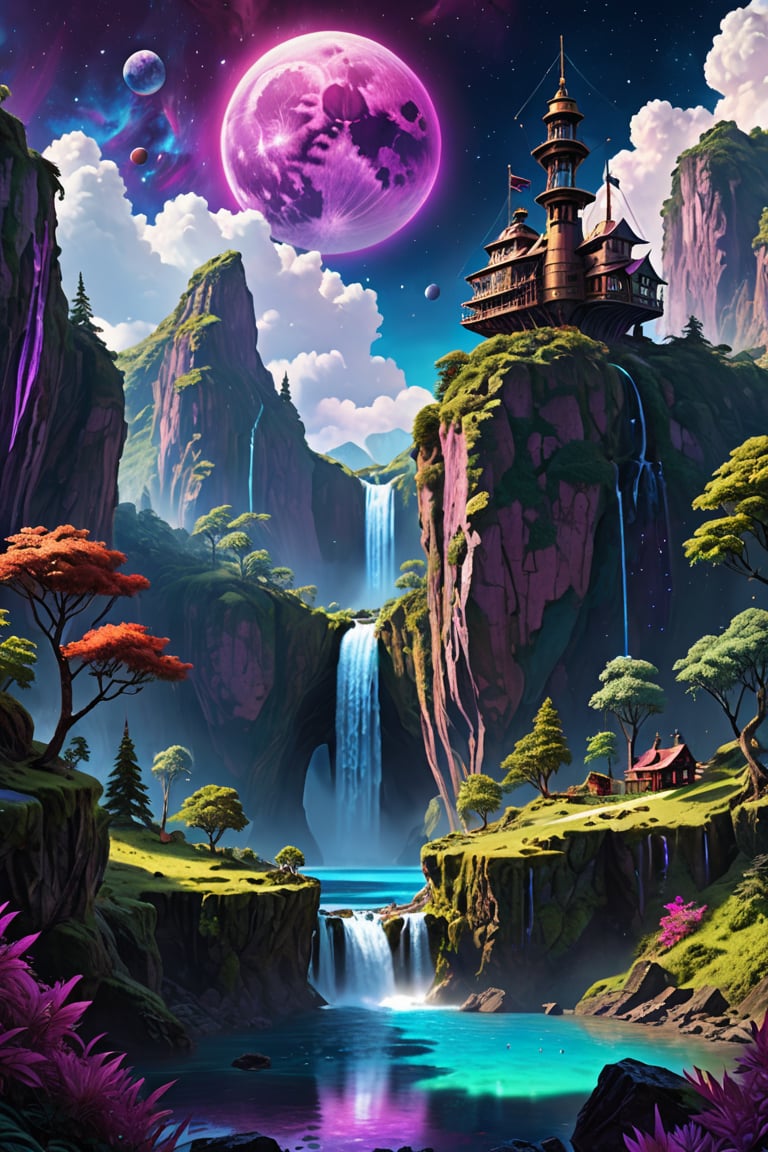 Highly detailed video game level design, Fantasy planet landscape with ship and moon, clouds, stars, planets, waterfalls, nebulae, mystical, purple, pink, blue, trending on artstation, beautiful, colorful, fantasy art, digital painting, hyperrealism, hyperdetailed, landscape, photorealistic, psychedelic, radiant,  vibrant, Has trees and an island, abandoned ship, has a mountain in the background, simple layout, full shot