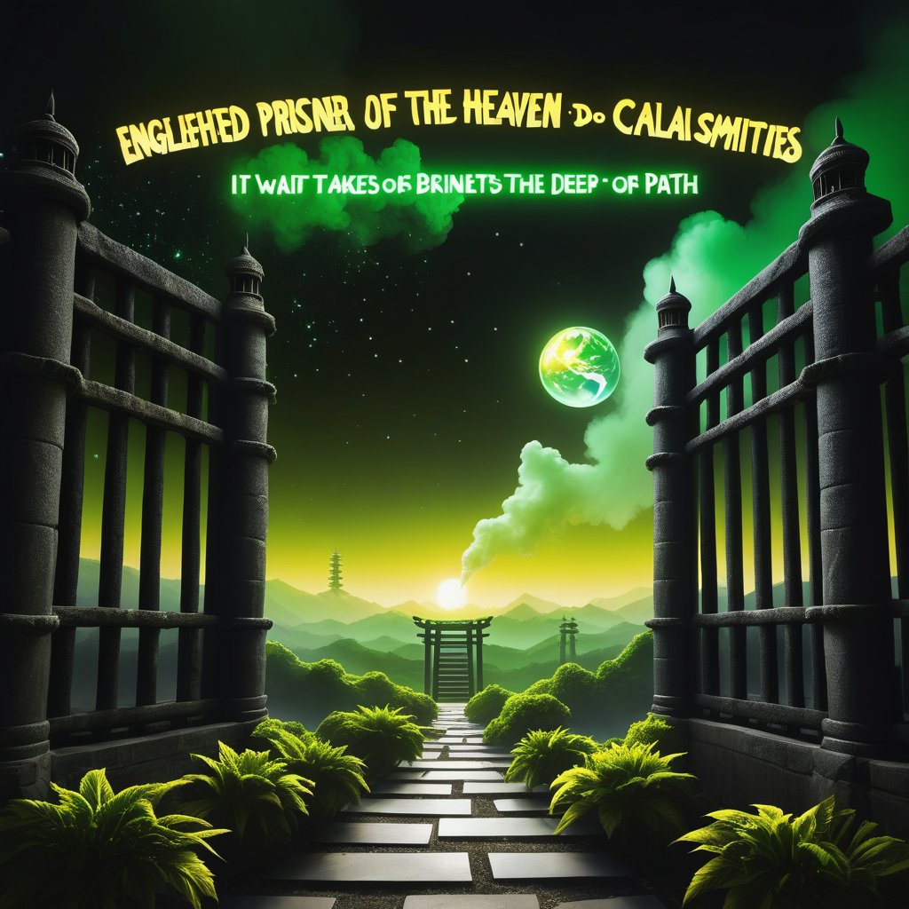 Text that reads
 “Enlightened, prisoner of the dao of heaven, all sentient beings must endure immeasurable calamities. It only takes a thought to leave the deep prison. Await the path of cultivation…!”
in yellow, black,metallic,white, green, neon, sparkles,smoke,planet
,Cultivation,photo r3al,scenery