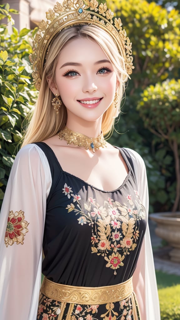 1girl, Beautiful young woman, blonde, smiling, (in beautiful Ukrainian national costume embroidery ornament white, black), sunny day, botanical garden, realistic