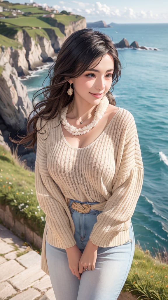 "Generate an image of a Spanish woman from the Basque country in the north, radiating beauty and strength, set against the picturesque backdrop of the rugged coastline or verdant hills of the Basque region. Adorn her with a warm and inviting smile that reflects the hospitality and resilience of Basque culture. Dress her in elegant yet practical attire that reflects the region's maritime heritage and mountainous terrain, whether it's a comfortable sweater paired with jeans or a stylish dress that captures the essence of Basque fashion. Let her hair flow freely in the breeze or styled in loose waves, echoing the untamed beauty of the Basque landscape. Adorn her with accessories that reflect her connection to the land and sea, such as a handcrafted necklace made from local materials or a scarf adorned with traditional Basque patterns. Set the scene against the breathtaking backdrop of the Basque countryside or coastline, with its dramatic cliffs, lush greenery, and charming villages nestled against the rugged terrain. Capture the spirit of her independence and resilience, inviting viewers to experience the natural beauty and cultural richness of the Basque country through her eyes."