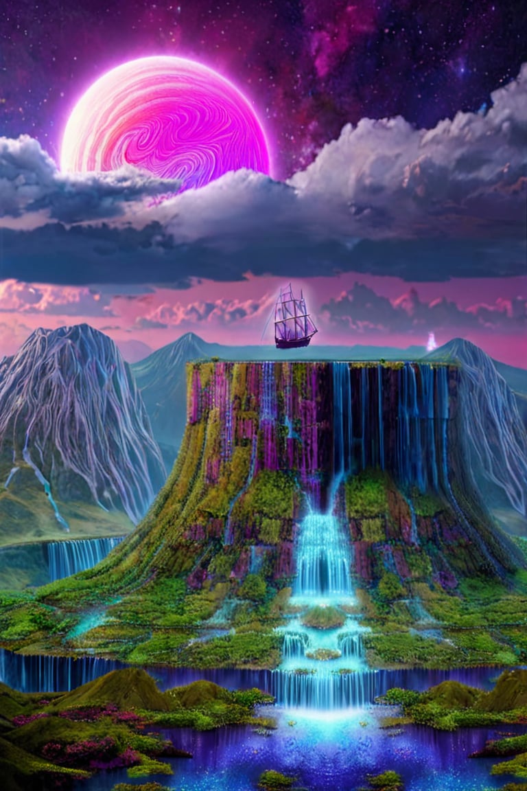 Highly detailed video game level design, Fantasy planet landscape with ship and moon, clouds, stars, planets, waterfalls, nebulae, mystical, purple, pink, blue, trending on artstation, beautiful, colorful, fantasy art, digital painting, hyperrealism, hyperdetailed, landscape, photorealistic, psychedelic, radiant,  vibrant, Has trees and an island, abandoned ship, has a mountain in the background, simple layout, full shot