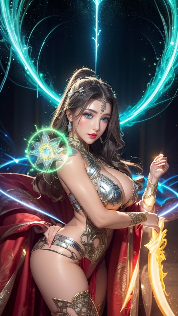 (goddess,venus,iron woman),busty,(Intricate luminous armor design:1.2),white plasma electromagnetic shield,crystal and silver entanglement,Star flash,(Persian Paisley clothes),glowing forehead