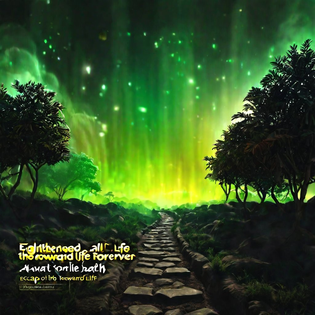 Text that reads
 “Enlightened, all life must walk forever forward and solve the modern age. Escape the will of heaven and obtain the path to life. Await the path of cultivation…”
in yellow, black,metallic,white, green, neon, sparkles,smoke,planet
,Cultivation,photo r3al,scenery