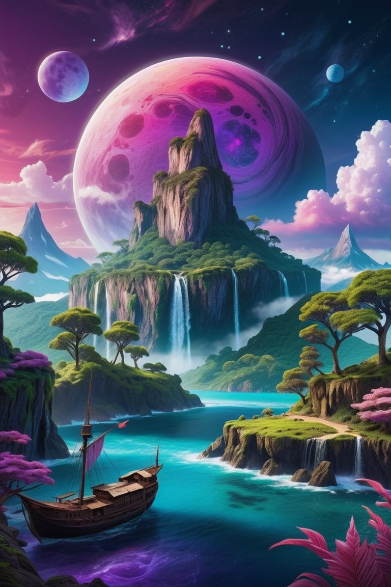 Highly detailed video game level design, Fantasy planet landscape with ship and moon, clouds, stars, planets, waterfalls, nebulae, mystical, purple, pink, blue, trending on artstation, beautiful, colorful, fantasy art, digital painting, hyperrealism, hyperdetailed, landscape, photorealistic, psychedelic, radiant,  vibrant, Has trees and an island, abandoned ship, has a mountain in the background, simple layout, full shot