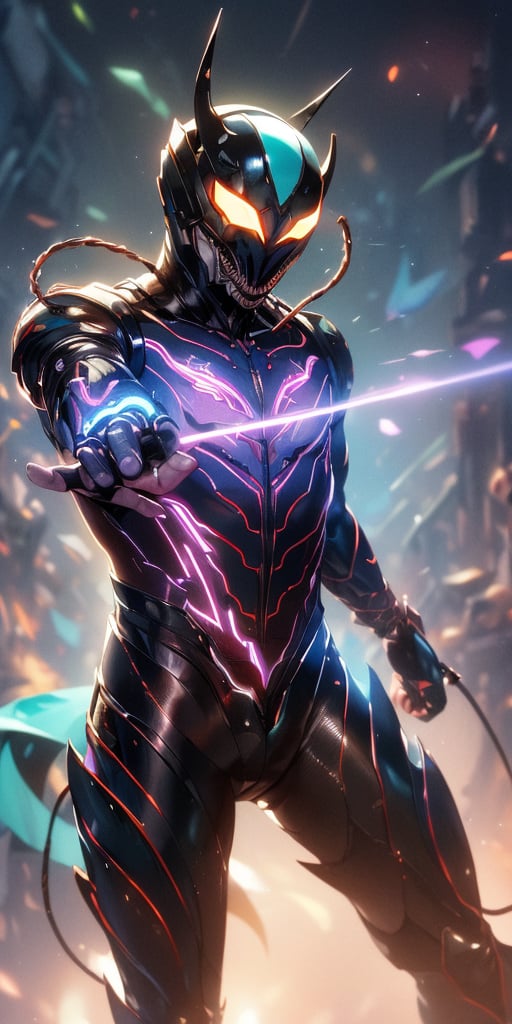 (((MASTERPIECE, best quality, highres, 8k, UHD, HDR))), (future technology), (close-up), (flying over burned city), venom face helmet, musculature, muscle, biomechanical long metal pant embroidery with glowing tetemic skull, blue to purple gradient background, glowing machine cord across the body, ((intense glowing neon light on muscle fiber)), black and golden steel, dark and sinister, volcano in the background, futuristic atmospheric world, nuclear machine, thermodynamic reactor body, Wonderful light and shadow, effects, light particles, mixed machine with alien technology to show unique combination of absurdity of machinations, create an eye-stunning visual to bring viewer to the land of fantasy and machines, ,DonMM4ch1n3W0rld ,Gold_Zeo_Ranger, r1ge, chaotic, apocalyptic, visually encouraging,ven0mancer,venom