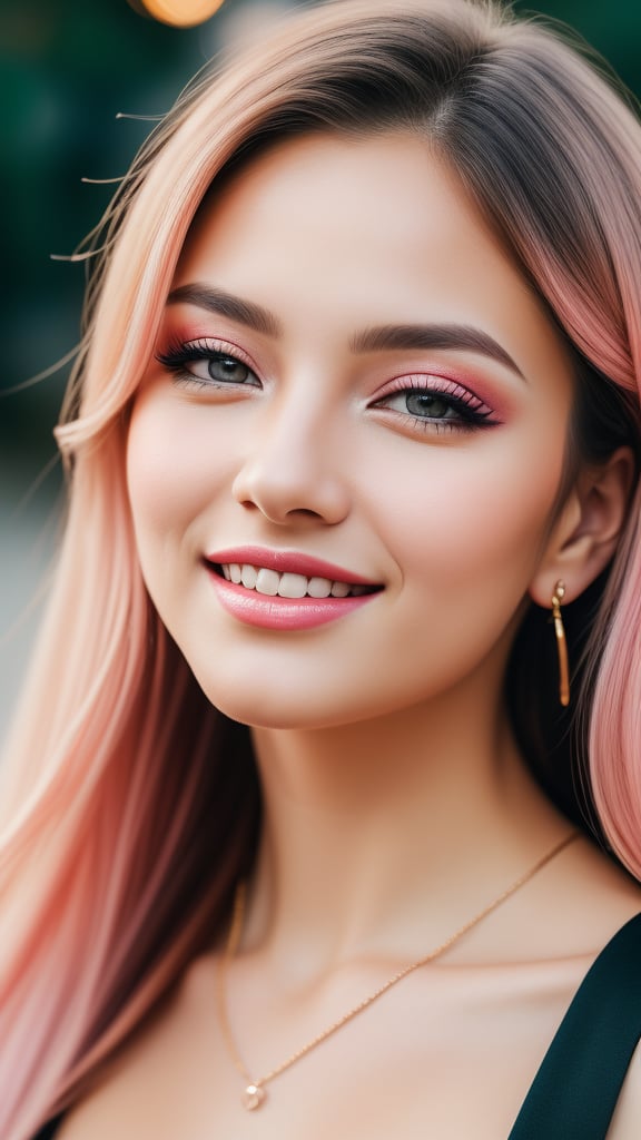 best quality,4k,8k,highres,masterpiece:1.2),ultra-detailed,(realistic,photorealistic,photo-realistic:1.37),woman,beautiful,face makeup,cute smile,vivid colors,sharp focus,studio lighting,soft skin,beautiful detailed eyes,beautiful detailed lips,endearing expression,colorful background,professional,portrait style,bokeh,pink color palette,subtle lighting effects