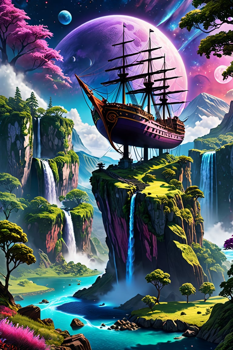 Highly detailed video game level design, Fantasy planet landscape with ship and moon, clouds, stars, planets, waterfalls, nebulae, mystical, purple, pink, blue, trending on artstation, beautiful, colorful, fantasy art, digital painting, hyperrealism, hyperdetailed, landscape, photorealistic, psychedelic, radiant,  vibrant, Has trees and an island, abandoned ship, has a mountain in the background, simple layout, full shot