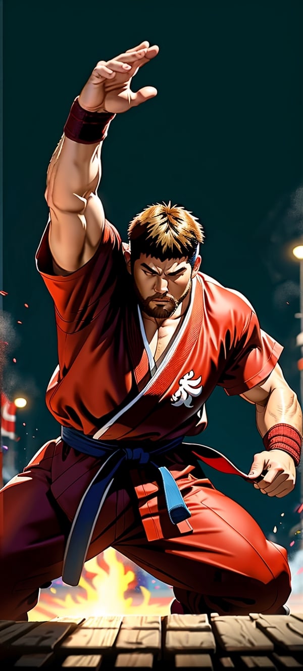 Ryu, battle pose, blonde, red shirt, polish flag, beard, high quality, digital art, by david finch, cinematic lighting