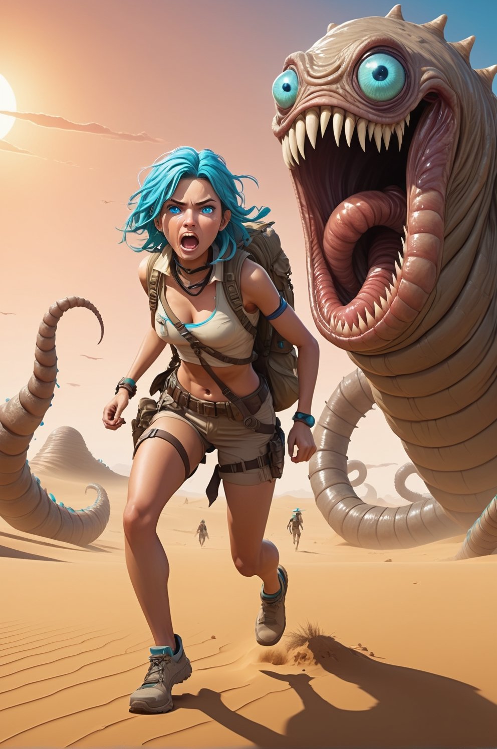 female explorer, hot desert, vibrant lighting, cyan eyes color, scared look, high noon, running away from, giant monster worm in background, full body shot. very hot atmosphere,rebsonya,PEOPShockedFace