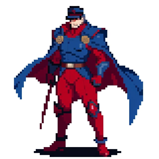M bison, wearing blue cape, wearing red body armor, glowing gloves, white background, full body shot