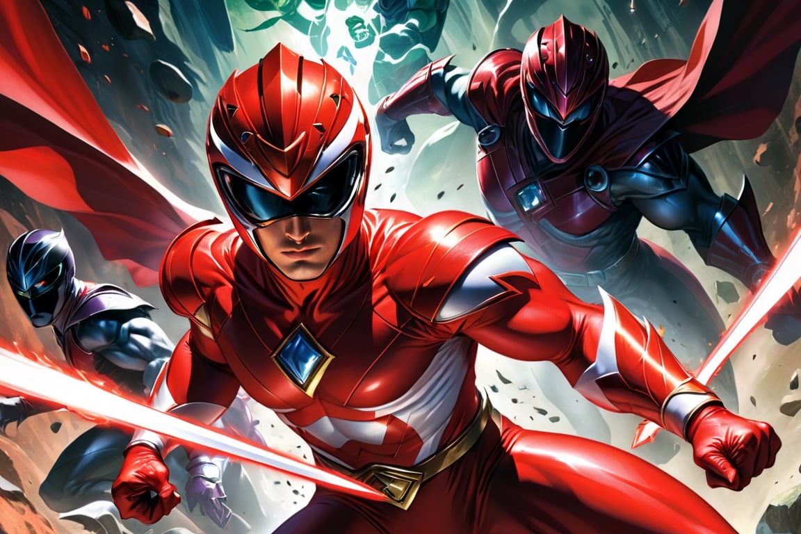((the red Powerranger, Alex Ross style comic ,)) (( playing dungeons and dragons)) (Masterpiece, Best quality), (finely detailed eyes), (finely detailed eyes and detailed face), (Extremely detailed CG, intricate detailed, Best shadow), conceptual illustration, (illustration), (extremely fine and detailed), (Perfect details), (Depth of field),more detail XL,action shot