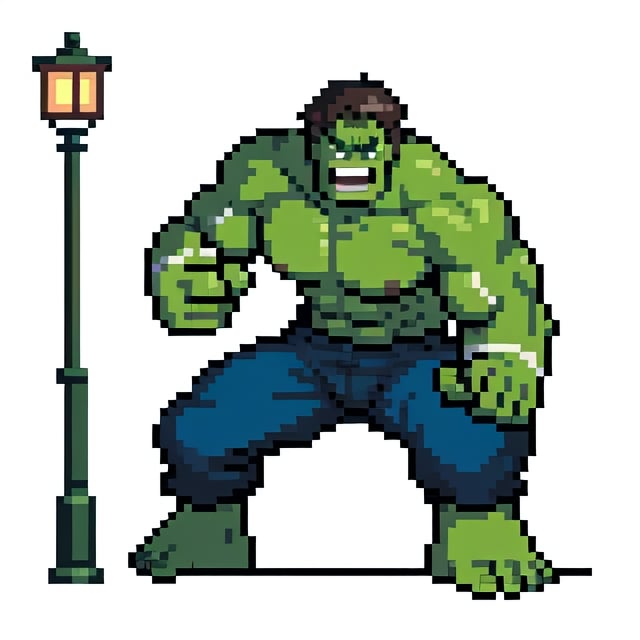 Hulk, holding a streetlight, white background, furious pose