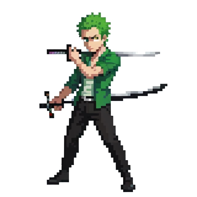 Roronoa Zoro, holding katanas, white background, full body shot