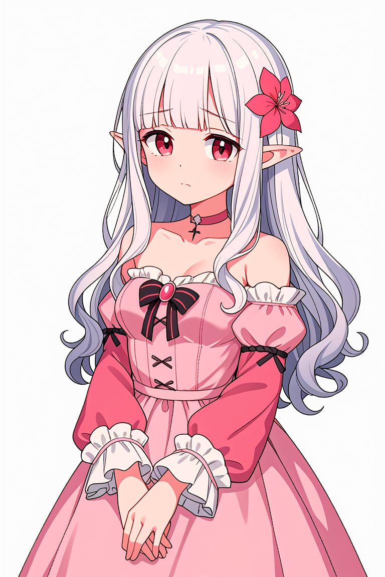 score_7_up, score_6_up, score_5_up, 1girl, solo, (white_hair:1.4), long_hair, wavy_hair, (blunt_bangs:1.3), red_eyes, elf, pointed_ears, tareme, medium_breasts, flower_hair, pink_dress, pink_choker, strapless_dress, detached_sleeves, long_sleeves, miniskirt, frills, standing, sad, closed_mouth, white_background