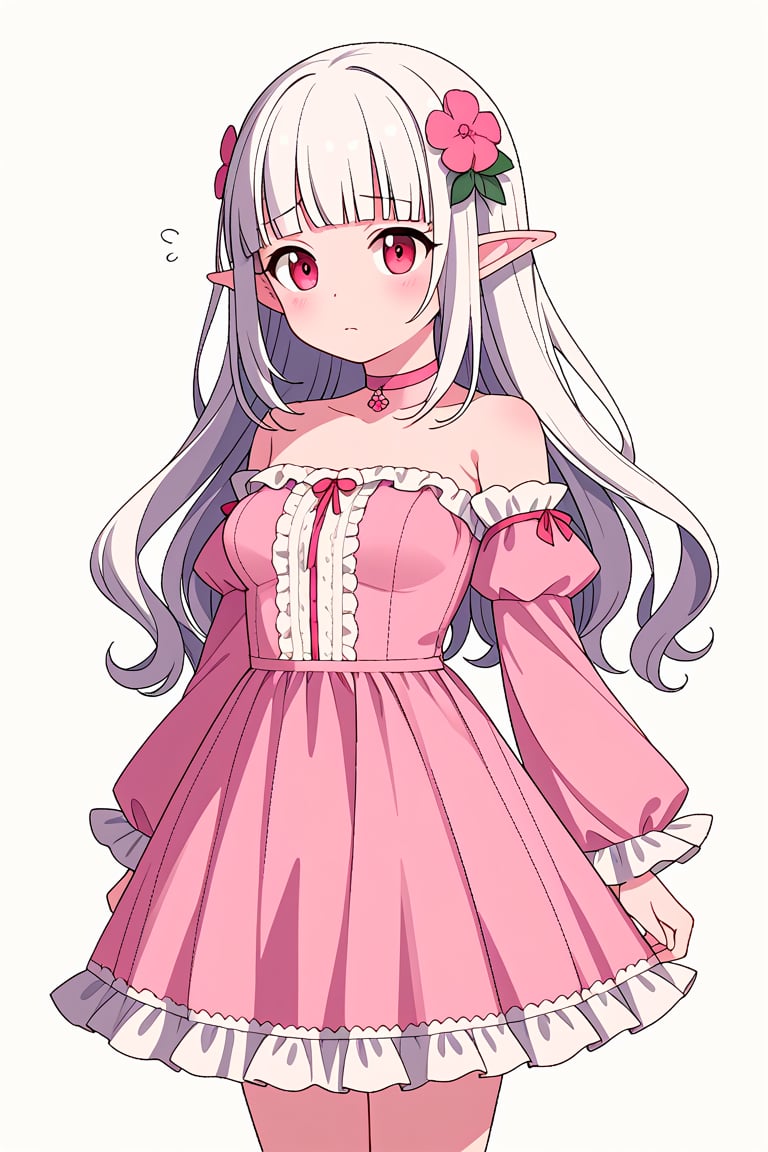 score_7_up, score_6_up, score_5_up, 1girl, solo, (white_hair:1.4), long_hair, wavy_hair, (blunt_bangs:1.3), red_eyes, elf, pointed_ears, tareme, medium_breasts, flower_hair, pink_dress, pink_choker, strapless_dress, detached_sleeves, long_sleeves, miniskirt, frills, standing, sad, closed_mouth, white_background