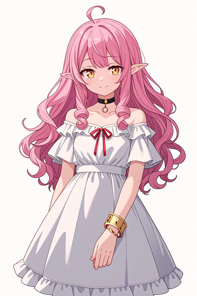 score_7_up, score_6_up, score_5_up, 1girl, solo, pink_hair, very_long_hair, curly_hair, gold_eyes, ahoge, elf, pointed_ears, black_choker, white_dress, off_shoulder, sliver_bracelet, miniskirt, red_ribbon, frills, standing, smile, (white_background:1.4)