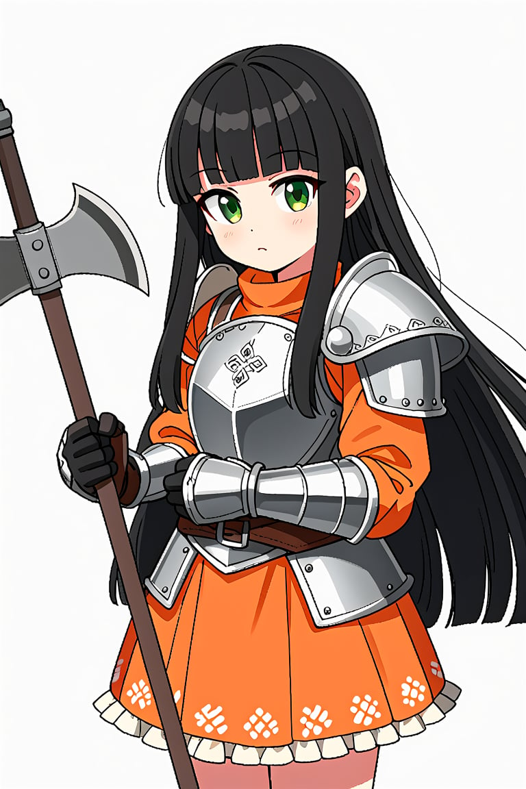 score_7_up, score_6_up, score_5_up, 1girl, solo, dwarf, dwarf_girl, (black_hair:1.4), very_long_hair, straight_hair, (blunt_bangs:1.3), green_eyes, tsurime, cute, kawaii, orange_dress, (armor:1.2), breastplate, gauntlets, long_sleeve, black_gloves, mini_skirt, frills, standing, white_background, holding_weapon, axe