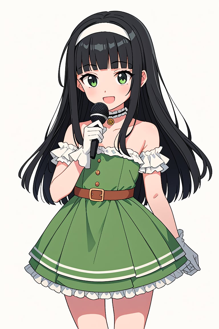 score_7_up, score_6_up, score_5_up, 1girl, solo, dwarf, dwarf_girl, (black_hair:1.4), very_long_hair, straight_hair, (blunt_bangs:1.3), green_eyes, tsurime, cute, kawaii, hairband, choker, green_dress, strapless_dress, collarbone, white_gloves, mini_skirt, frills, standing, smile, open_mouth, white_background, microphone