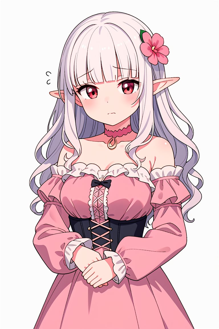 score_7_up, score_6_up, score_5_up, 1girl, solo, (white_hair:1.4), long_hair, wavy_hair, (blunt_bangs:1.3), red_eyes, elf, pointed_ears, tareme, medium_breasts, flower_hair, pink_dress, pink_choker, strapless_dress, detached_sleeves, long_sleeves, miniskirt, frills, standing, sad, closed_mouth, white_background