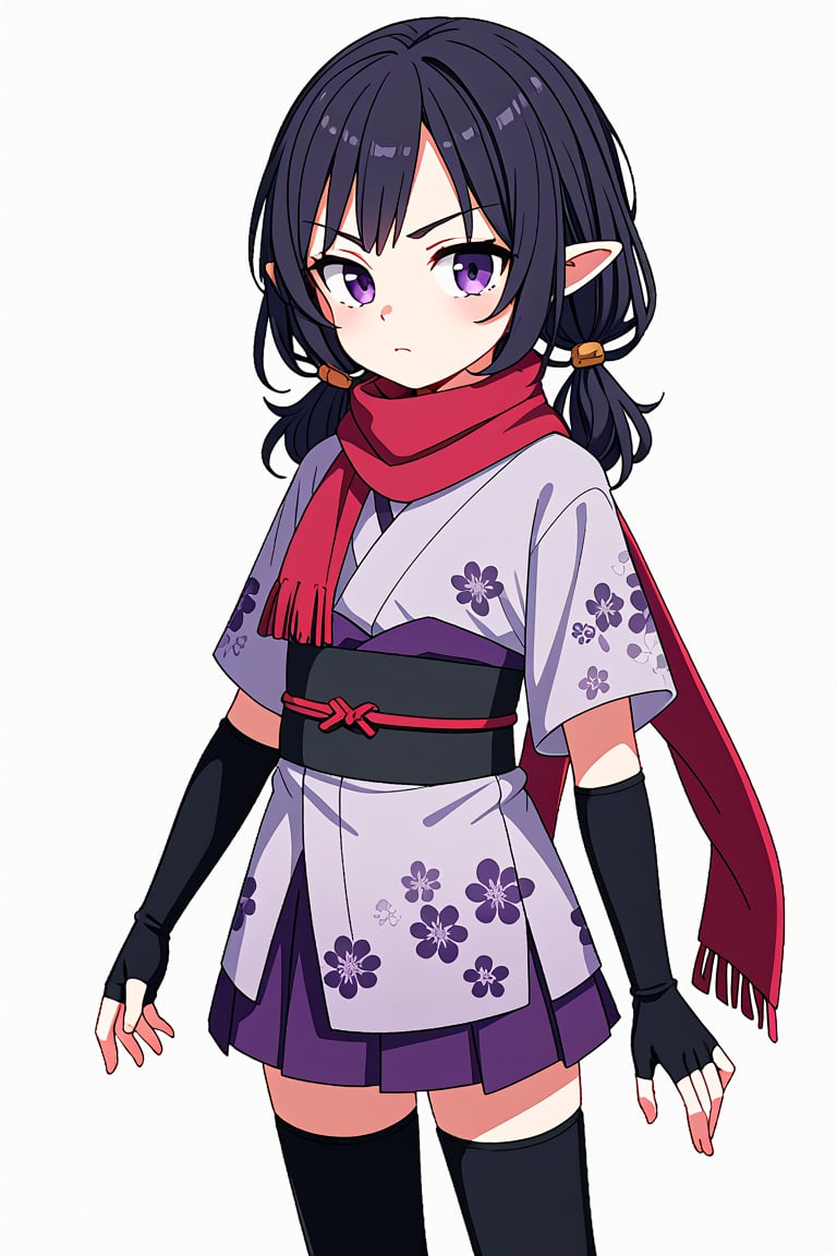 score_7_up, score_6_up, score_5_up, 1girl, solo, (black_hair:1.4), medium_hair, low_twintails, curly_hair, purple_eyes, tsurime, slim, loli, pointed_ears, purple_scarf, japanese_clothes, gray_kimono, floral_print, short_sleeves, elbow_gloves, long_gloves, fingerless_gloves, black_gloves, kunoichi, purple_skirt, miniskirt, thighhighs, standing, closed_mouth, angry, white_background