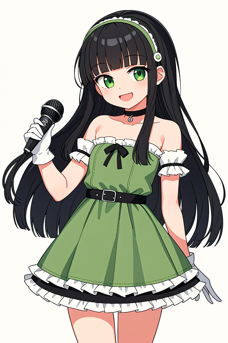 score_7_up, score_6_up, score_5_up, 1girl, solo, dwarf, dwarf_girl, (black_hair:1.4), very_long_hair, straight_hair, (blunt_bangs:1.3), green_eyes, tsurime, cute, kawaii, hairband, choker, green_dress, strapless_dress, collarbone, white_gloves, mini_skirt, frills, standing, smile, open_mouth, white_background, microphone