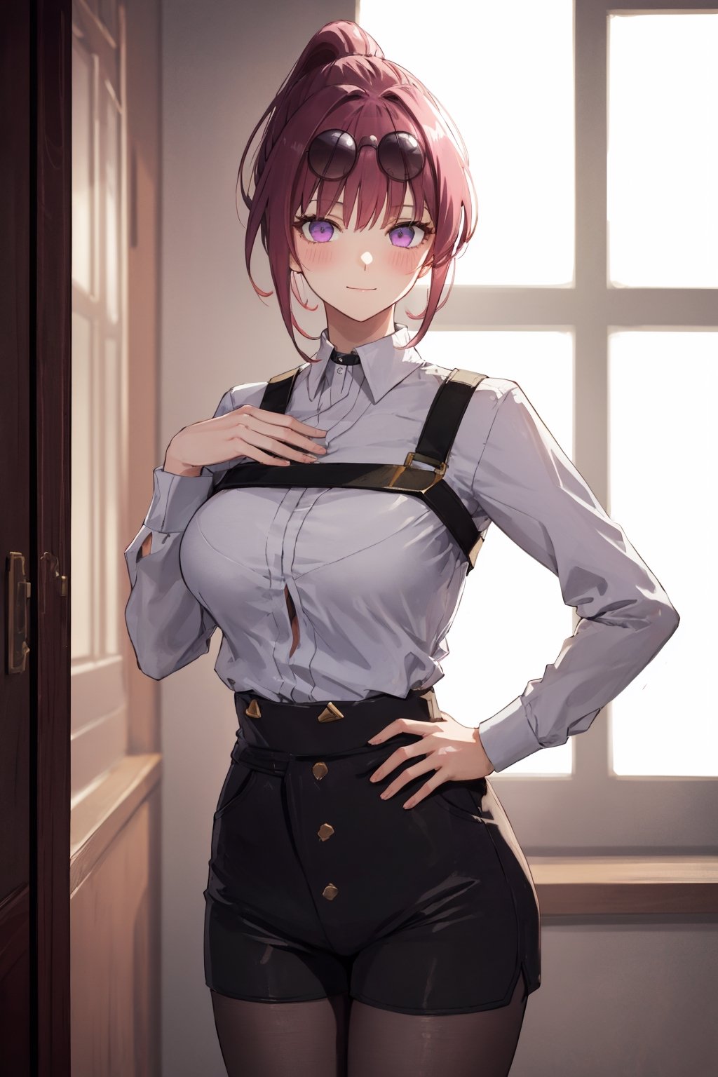 Room, Window, castle (Ultra Detailed), Masterpiece, Breasts, Best Quality, Aesthetic, Detailed, Solo, Soft Smile, Light Smile, 1 Girl, pink eyes, (short hair), (purple hair), Bangs , sensual, huge breasts), shaped chest, 1 girl, different poses, blush,(perfect hands), (perfect fingers), (free pose), arm on hip, hand on hip), slender, kafka, ponytail,kafka,sunglasses, high-waist shorts, collared shirt, shirt, pantyhose
