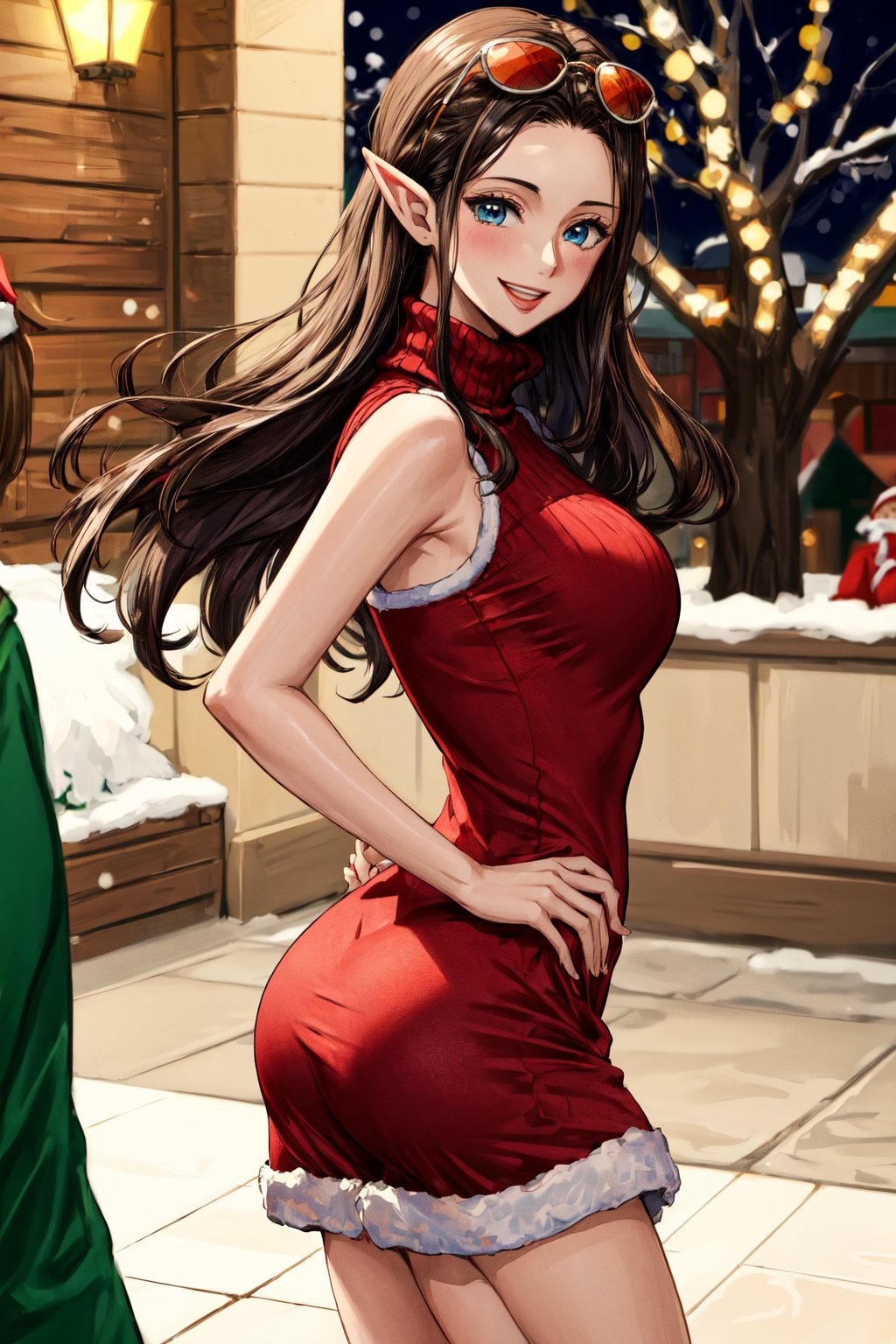 masterpiece, best quality, highres, nico robin, long hair, black hair, hair slicked back, eyewear on head, sunglasses, blue eyes, sweater dress, turtleneck, smile, sleeveless, outdoors, sexy, very sexy, in christmas outfit, christmas elf, red elf christmas outfit,  sexy christmas elf, ass only, standing, sexy