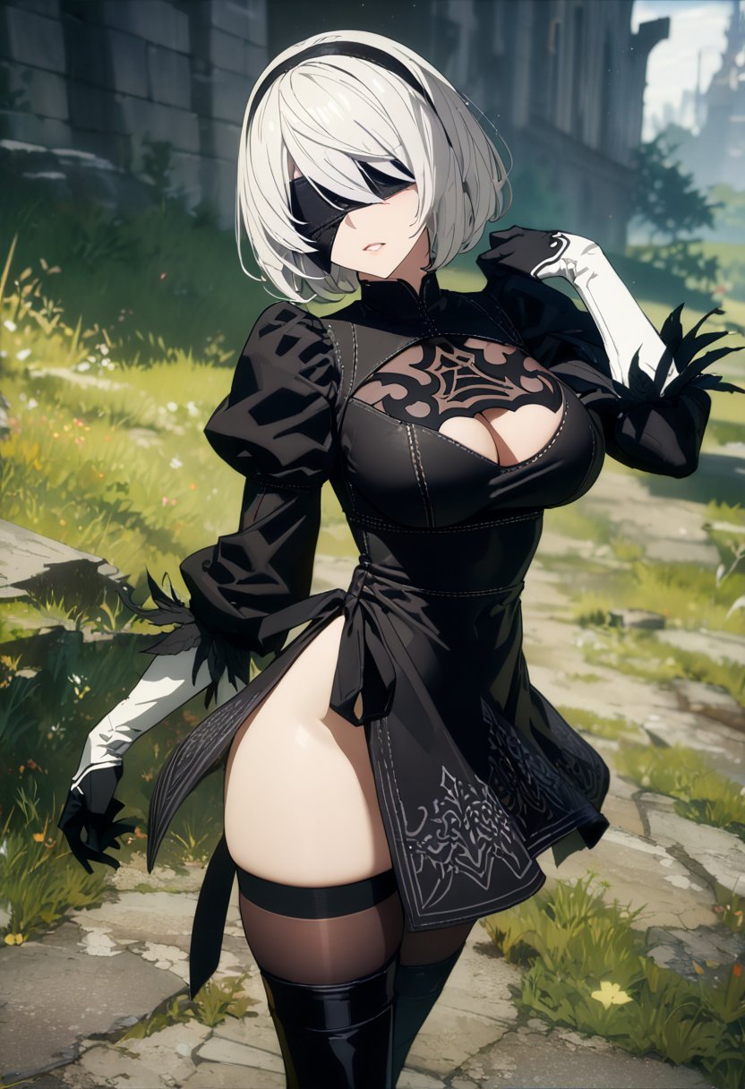  1girl, solo, yorha2b, 2b (nier:automata), lips, black dress,blindfold,black blindfold,clothing cutout, puffy sleeves, boots, black thigh boots, thighhighs, high heels, grass, (masterpiece), (best quality), (anime, masterpiece, intricate:1.3), (best quality, hires textures, high detail:1.2), (4k), UHD, 8K, sexy, sexy pose, ( large breasts) , hentai