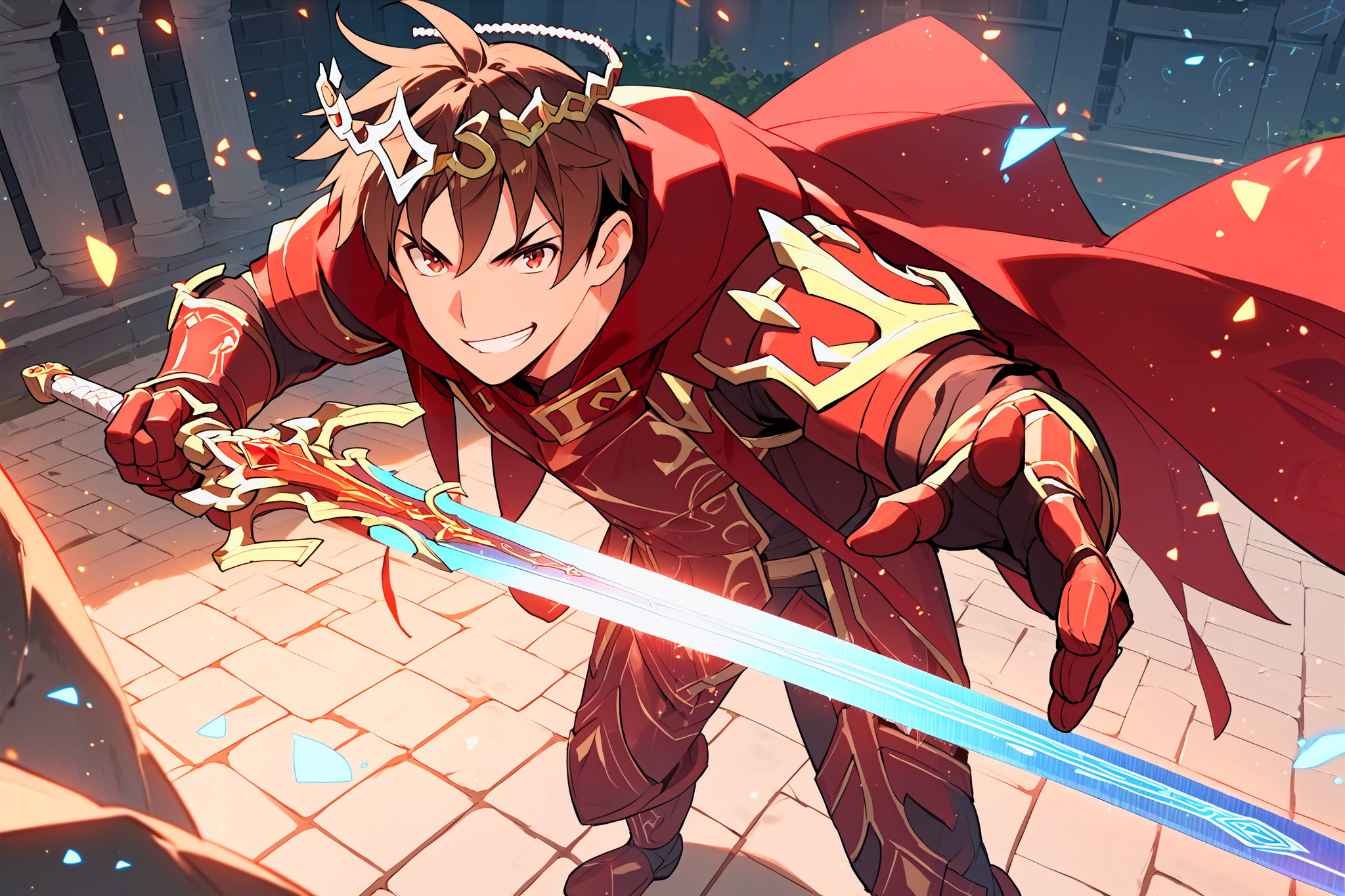 score_9, score_8_up, score_7_up, source_anime, solo, male focus, 1boy, Grid_OG, brown hair, red eyes, epic pose, red cape, crown, longsword, holographic particles, messy hair style, epic composition, grin, standing, outdoors