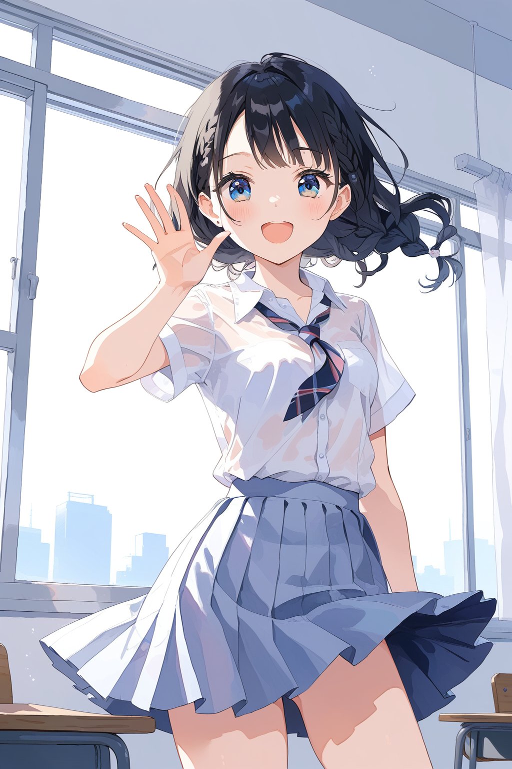 (masterpiece), extremely  detailed, best quality, 8k, absolutely resolution, aesthetic, watercolor, beautiful gradation, super beautiful eyes, 1girl, (cute), loli, black hair, braids, laugh, small breasts, white dress shirt, tai, mini skirt, waving, high school, classroom, indoor, summer, Clothing should be very natural, without unnatural spreading or flipping, Y-shirts are in the skirt, Cheerful morning greeting, ((Never let your skirt flutter)), 