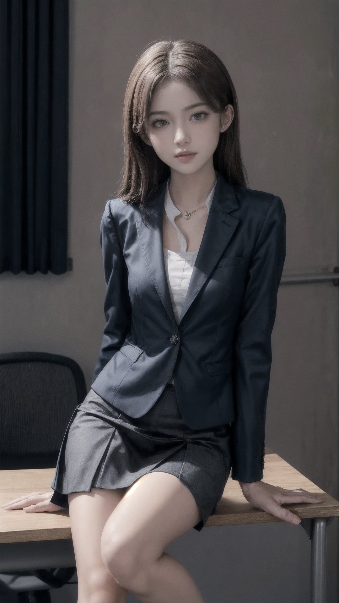 Women's Suit 、 Medium Pull up a thigh 、 skirt with chest 、 style. Raise the 、 skirt. 、 pants visible. 、 Open legs: 1.5 、 legs Open 、 Sit down One leg of your 、 on the desk Get on one knee 、 Stand up 、 Two legs,Flat vector art,Vector illustration