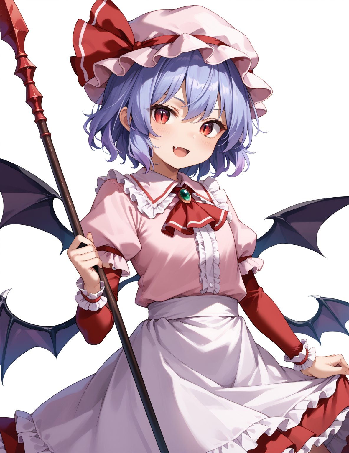 score_9,score_8_up,score_7_up,source_anime,
1girl,  (((1girl, loli))), 
1girl, remilia scarlet (touhou), red eyes, short hair, purple hair, light purple hair, blue hair, slit pupils, fang, bat wings, white headwear, pink headwear, mob cap, white shirt, pink shirt, collared shirt, frilled shirt collar, red ascot, puffy short sleeves, frilled sleeves, wrist cuffs, white skirt, pink skirt, skirt set, frilled skirt, red ribbon, hat ribbon, waist bow, red bow, spear the gungnir, brooch, holding,
perfect anatomy, correct number of fingers, (perfect hands), beautiful_female_fingers