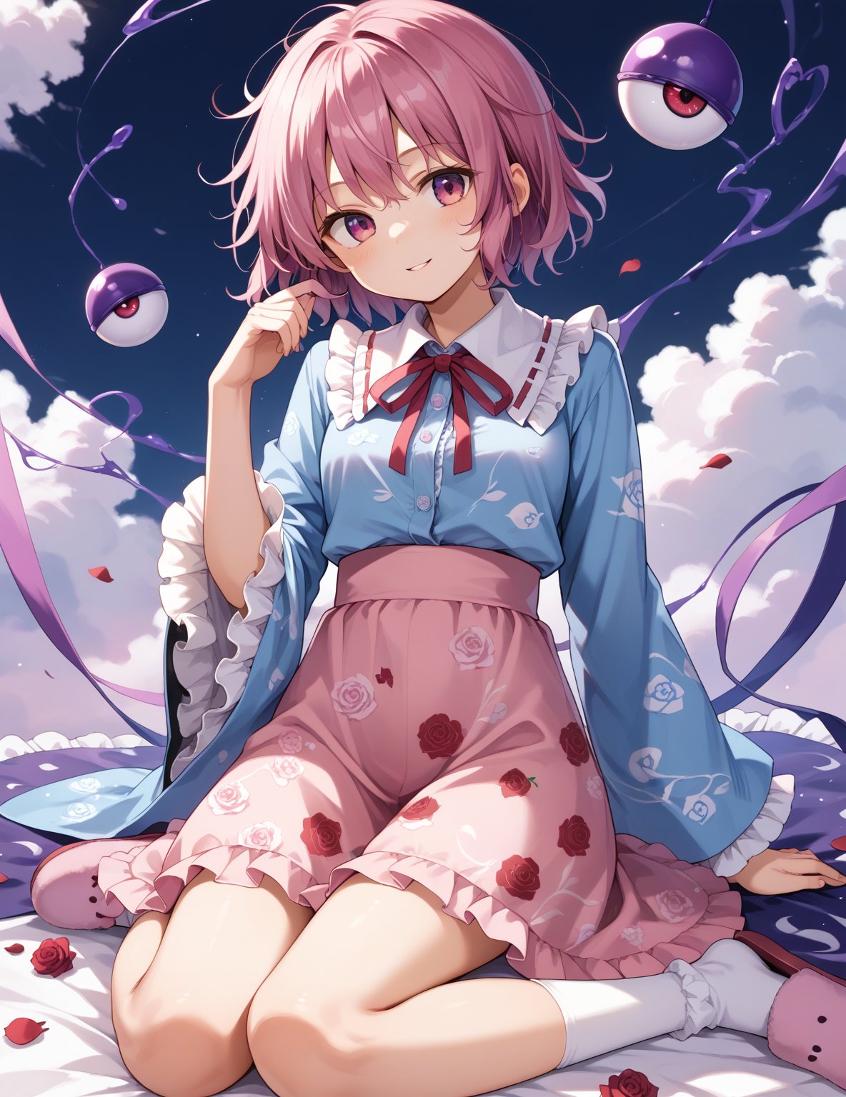 score_9,score_8_up,score_7_up,source_anime,
1girl,  1girl, komeiji satori (touhou), pink eyes, purple eyes, short hair, pink hair, purple hair, messy hair, third eye, eyeball, collared shirt, blue shirt, frilled shirt collar, ribbon trim, heart button, long sleeves, frilled sleeves, wide sleeves, pink skirt, frilled skirt, floral print, rose print, white legwear, bobby socks, pink slippers,Don't cut your shirt too short ,No pants, 
perfect anatomy, correct number of fingers, (perfect hands), beautiful_female_fingers