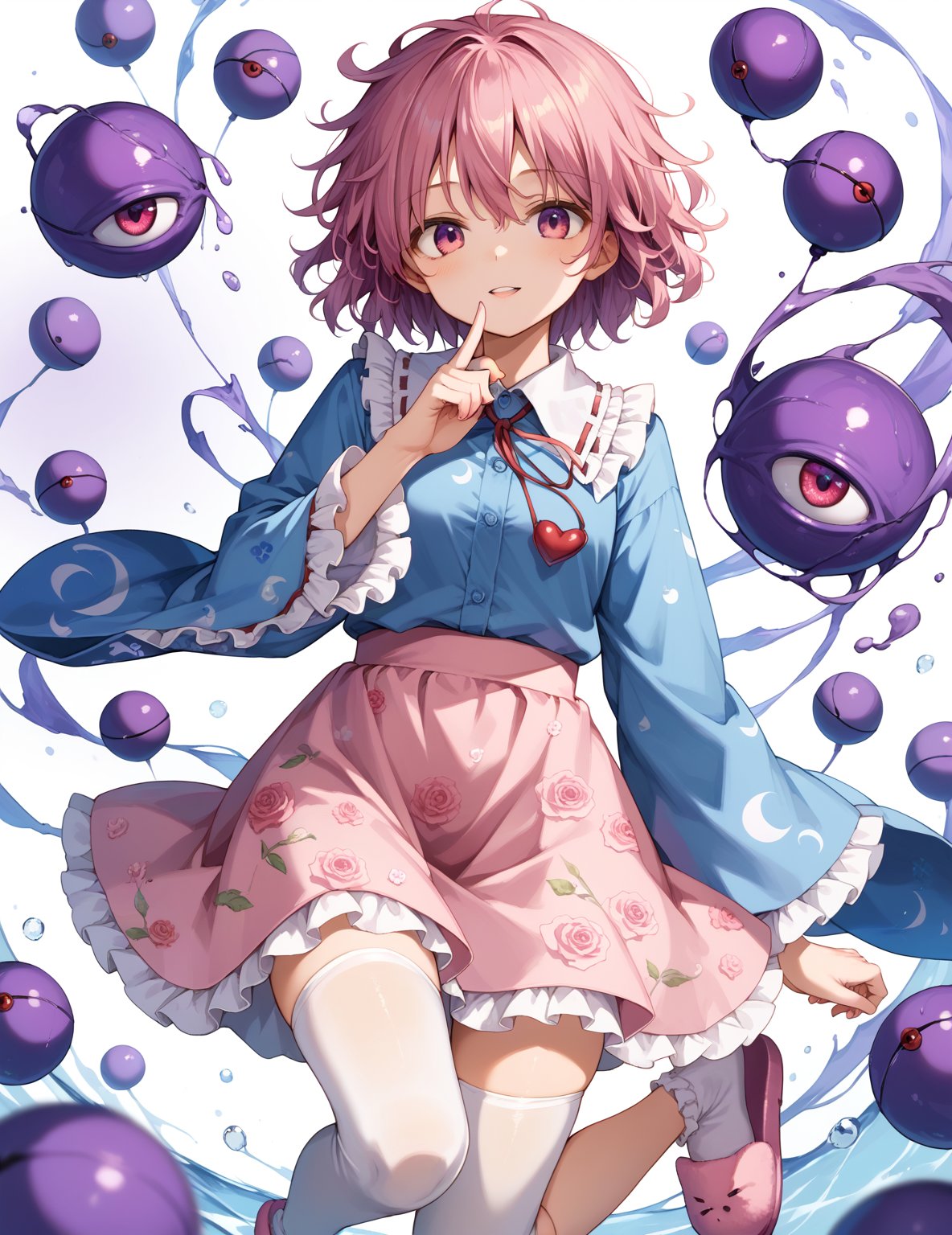 score_9,score_8_up,score_7_up,source_anime,
1girl,  1girl, komeiji satori (touhou), pink eyes, purple eyes, short hair, pink hair, purple hair, messy hair, third eye, eyeball, collared shirt, blue shirt, frilled shirt collar, ribbon trim, heart button, long sleeves, frilled sleeves, wide sleeves, pink skirt, frilled skirt, floral print, rose print, white legwear, bobby socks, pink slippers,
perfect anatomy, correct number of fingers, (perfect hands), beautiful_female_fingers