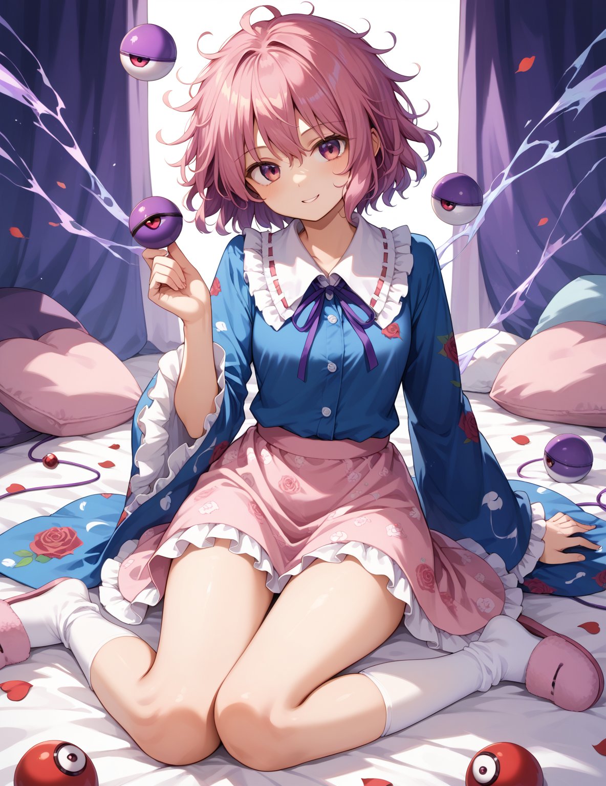 score_9,score_8_up,score_7_up,source_anime,
1girl,  1girl, komeiji satori (touhou), pink eyes, purple eyes, short hair, pink hair, purple hair, messy hair, third eye, eyeball, collared shirt, blue shirt, frilled shirt collar, ribbon trim, heart button, long sleeves, frilled sleeves, wide sleeves, pink skirt, frilled skirt, floral print, rose print, white legwear, bobby socks, pink slippers,
perfect anatomy, correct number of fingers, (perfect hands), beautiful_female_fingers