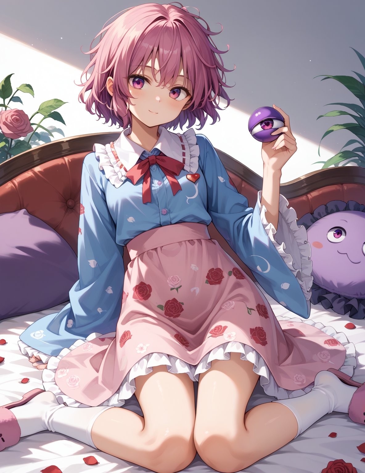 score_9,score_8_up,score_7_up,source_anime,
1girl,  1girl, komeiji satori (touhou), pink eyes, purple eyes, short hair, pink hair, purple hair, messy hair, third eye, eyeball, collared shirt, blue shirt, frilled shirt collar, ribbon trim, heart button, long sleeves, frilled sleeves, wide sleeves, pink skirt, frilled skirt, floral print, rose print, white legwear, bobby socks, pink slippers,Don't cut your shirt too short ,No pants, 
perfect anatomy, correct number of fingers, (perfect hands), beautiful_female_fingers