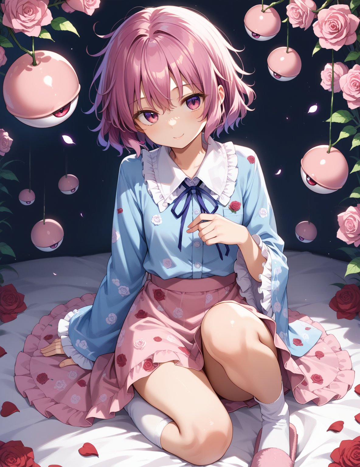 score_9,score_8_up,score_7_up,source_anime,
1girl,  1girl, komeiji satori (touhou), pink eyes, purple eyes, short hair, pink hair, purple hair, messy hair, third eye, eyeball, collared shirt, blue shirt, frilled shirt collar, ribbon trim, heart button, long sleeves, frilled sleeves, wide sleeves, pink skirt, frilled skirt, floral print, rose print, white legwear, bobby socks, pink slippers,Don't cut your shirt too short ,No pants, 
perfect anatomy, correct number of fingers, (perfect hands), beautiful_female_fingers