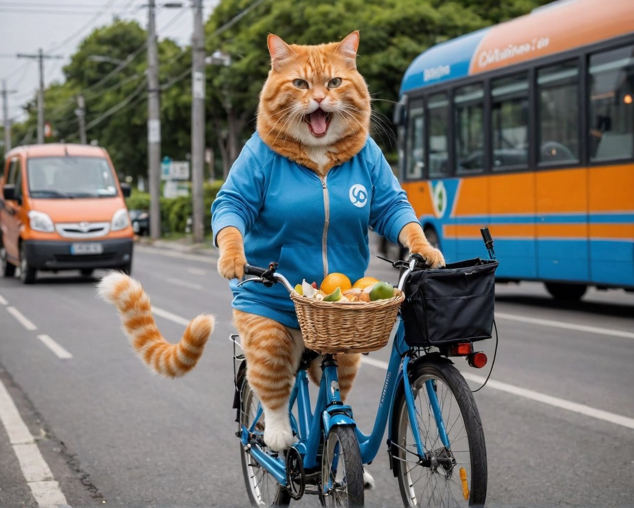 Real photo, chubby orange cat, delivering food on bicycle and electric car, delivering food on bus, wearing blue clothes, mouth open, front view, 120mm lens