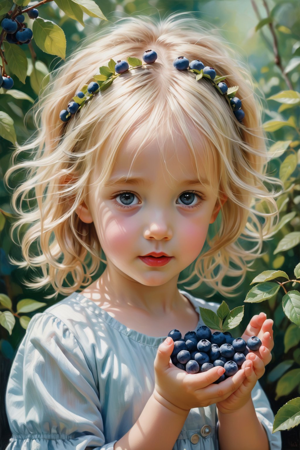 oilpainting of a little girl with messy blond hair, she is holding up her hand filled with blueberries, soft muted colors, bg greenery, highly detailed, higly realistic, whimsical,More Reasonable Details,aesthetic portrait