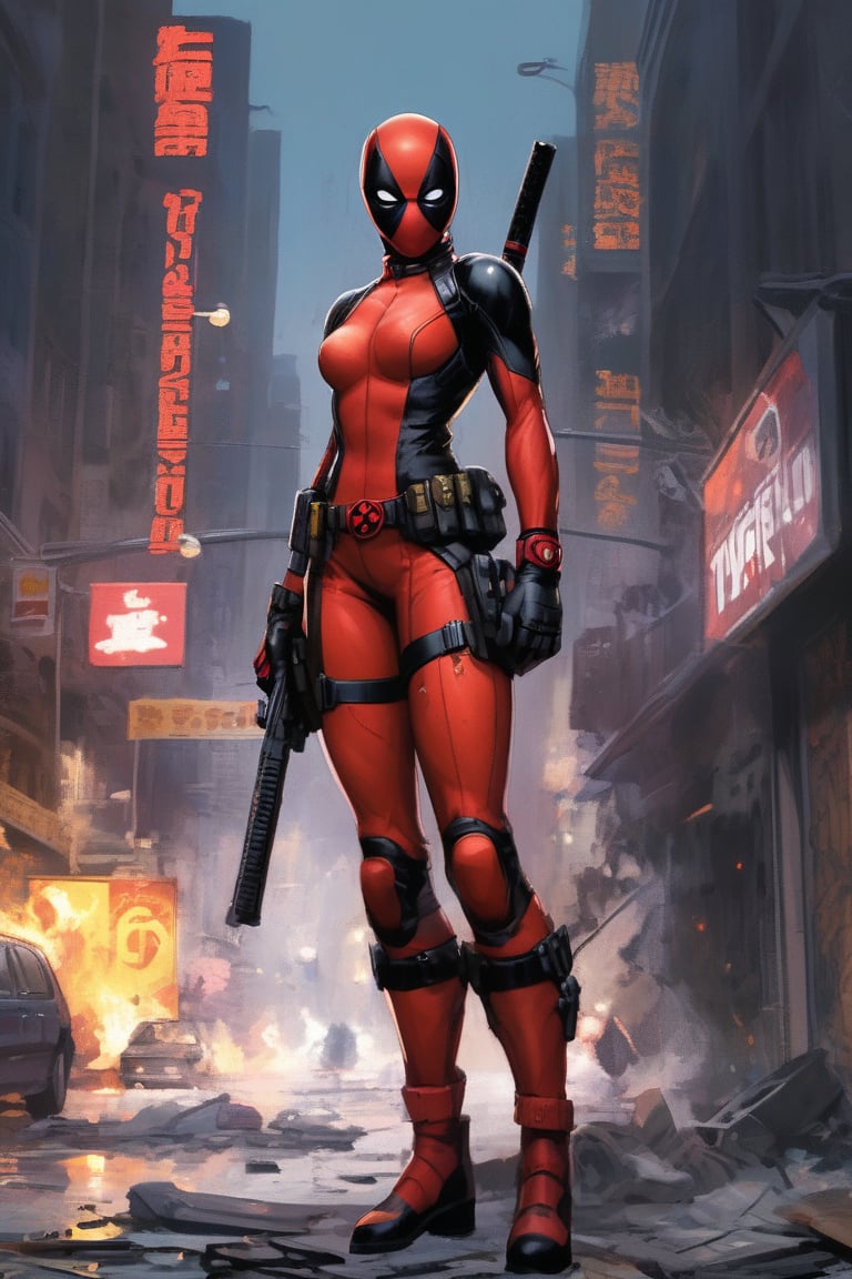 Marvel Ladypool character, he is standing in the city, detailed picture, detailed hands, masterpiece, comics style ,more detail XL