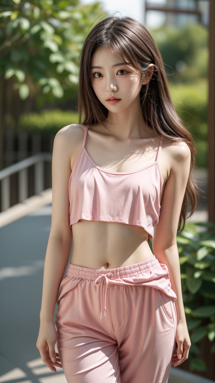 High_resolution, highly_detailed, realistic photograph, soft_lighting, 1girl, young shy korean girl, detailed_face, 170cm tall, model photoshoot, realisitic, wearing pink slevelessshirt and highwaistpants, cute, nape, soft colour, natural_setting, closed_mouth, hairstyle_longwavy, cool vibes, real world location, 3d background,realhands, perfect body proportion, slim figure,1 girl, normal arms_length, normal_neck, small beast size