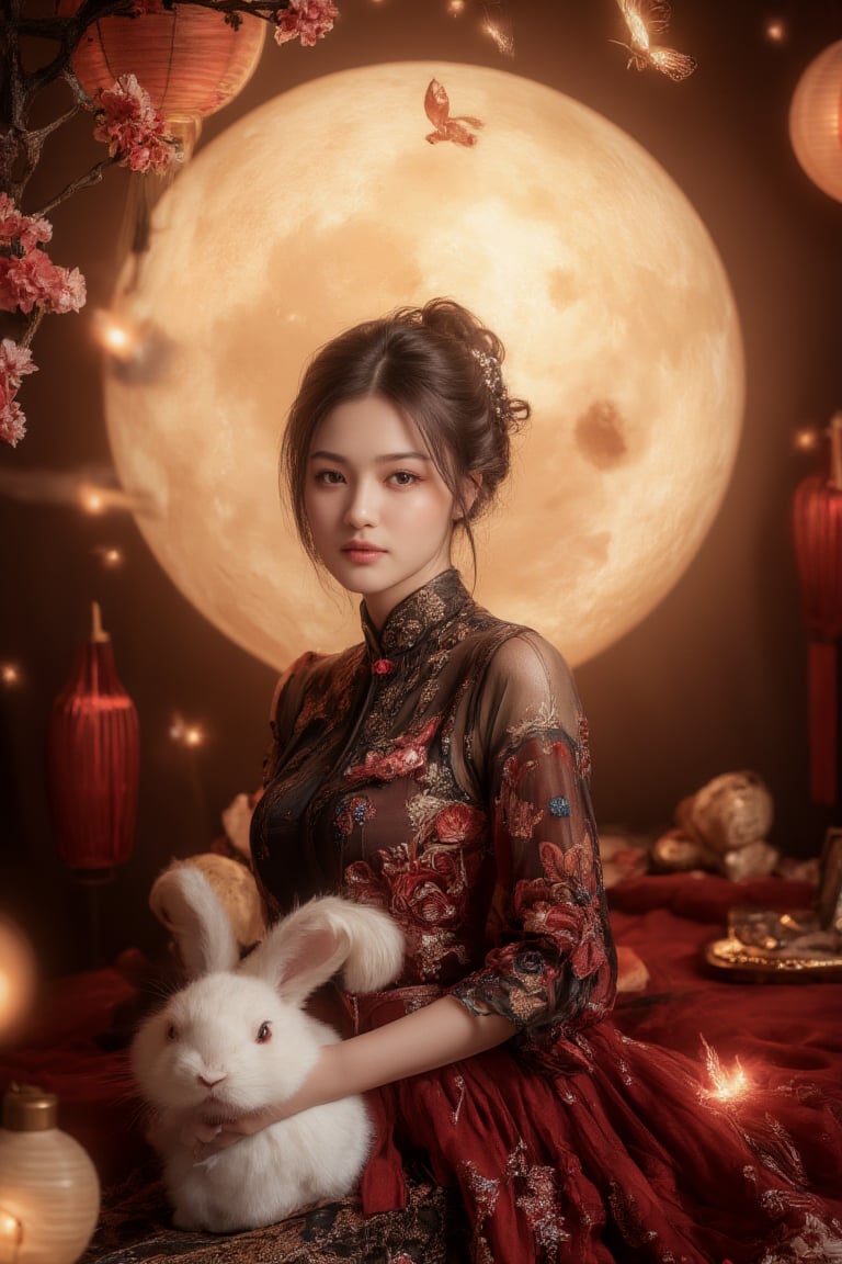 "Portrait of an elegant young woman celebrating the Chinese Moon Festival, dressed in a traditional silk robe with intricate floral patterns and golden hairpins. A white rabbit sits peacefully by her side, symbolizing the Moon Festival. Behind her is a large, radiant full moon, glowing softly with a golden hue. Cherry blossom branches frame the scene, while lanterns and glowing butterflies float around, adding a magical atmosphere. Golden clouds and soft glimmers of light create a sense of celebration. Mooncakes and symbolic festival decorations are subtly placed in the background, enhancing the festive mood."